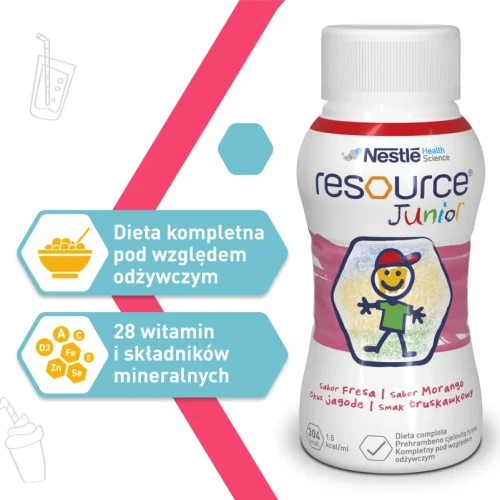 Resource Junior płyn o smaku truskawkowym, 4 x 200 ml - Kompletna i wysokoenergetyczna dieta w płynie dla dzieci powyżej 1. roku życia - 6