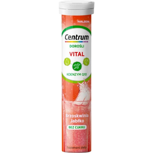 Centrum Vital Dorośli, smak brzoskwinia – jabłko, 20 tabletek musujących - 10 witamin i minerałów bez cukru - 1