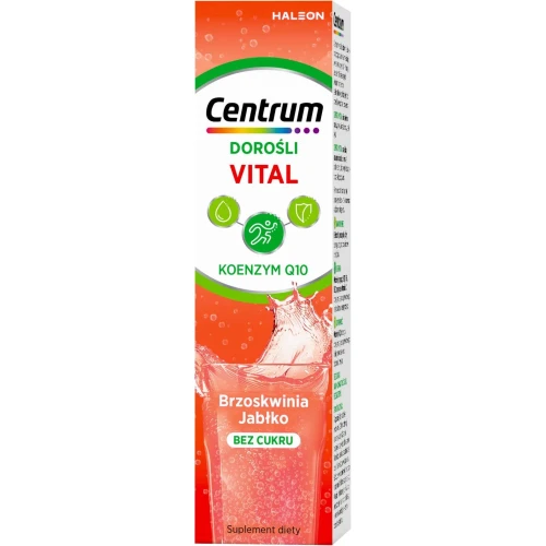 Centrum Vital Dorośli, smak brzoskwinia – jabłko, 20 tabletek musujących - 10 witamin i minerałów bez cukru - 2