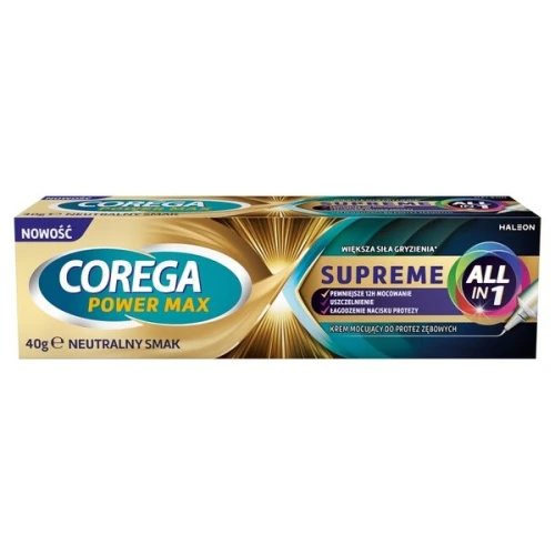Corega Power Max Supreme All-In-1 neutralny smak, krem mocujący, 40 g - Klej do protez zębowych całościowych i częściowych, z precyzyjnym aplikatorem - 1