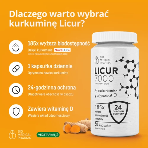 Bio Medical Pharma Licur 7000 z Witaminą D, 30 kapsułek - Z micelarną kurkuminą i witaminą D - 3