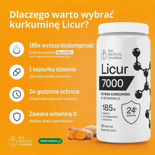 Bio Medical Pharma Licur 7000 z Witaminą D, 60 kapsułek - Micelarna kurkumina NovaSOL® z witaminą D - 1