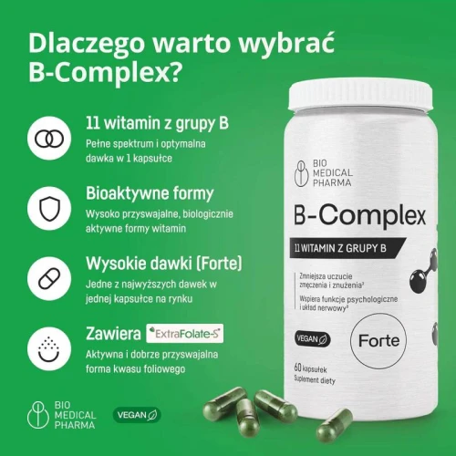 Bio Medical Pharma B-Complex, 60 kapsułek - Pełny zestaw 11 witamin z grupy B w aktywnych biologicznie formach - 7