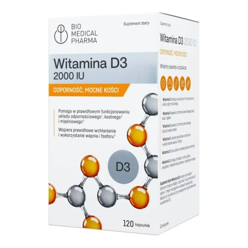 Bio Medical Pharma Witamina D3 2000 IU, 120 kapsułek - Uzupełnia witaminę, która dba dporność, mocne kości i prawidłową pracę mięśni - 1
