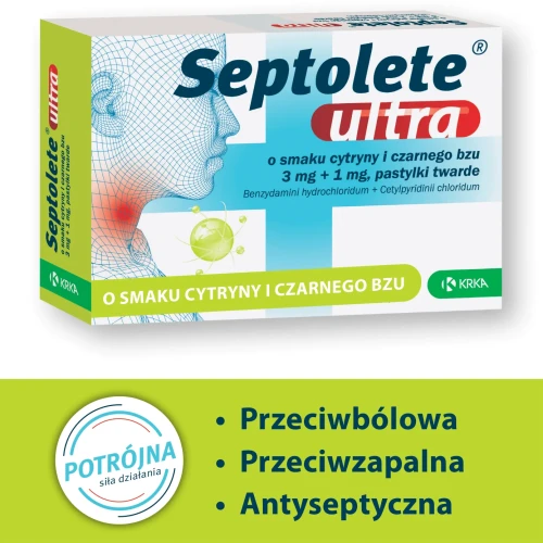 Septolete ultra o smaku cytryny i czarnego bzu, 16 pastylek - Leczenie objawów bólu gardła i zakażeń w jamie ustnej  - 1