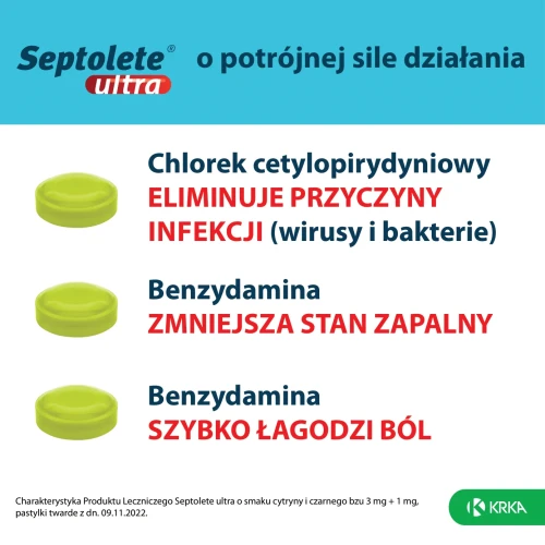 Septolete ultra o smaku cytryny i czarnego bzu, 16 pastylek - Leczenie objawów bólu gardła i zakażeń w jamie ustnej  - 3