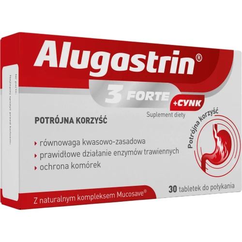 Alugastrin 3 Forte + Cynk, 30 tabletek - Potrójne wsparcie trawienia i równowagi kwasowo-zasadowej - 1