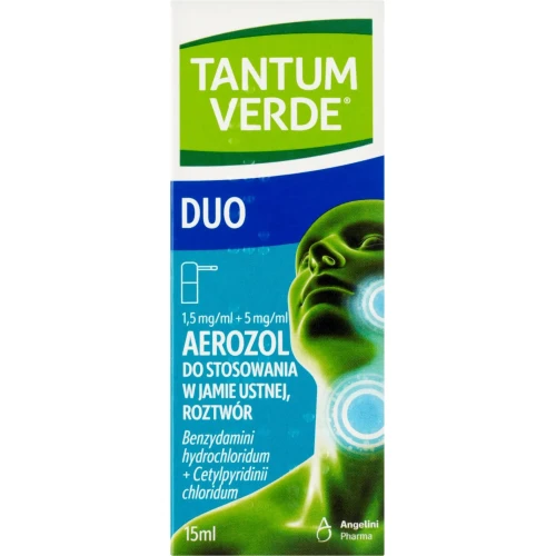 Tantum Verde Duo, 1,5 mg/ml + 5 mg/ml, aerozol do stosowania w jamie ustnej 15 ml - Podwójna siła w walce z bólem i infekcją gardła - 1