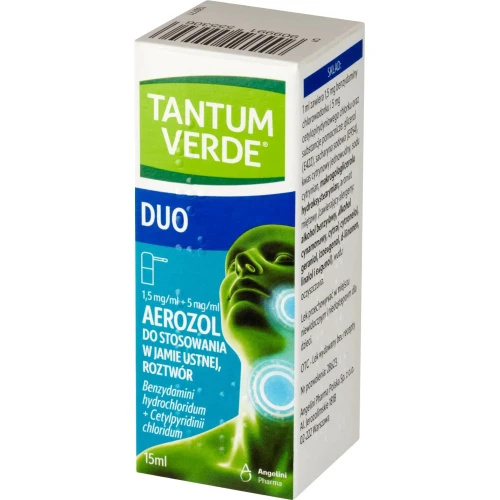 Tantum Verde Duo, 1,5 mg/ml + 5 mg/ml, aerozol do stosowania w jamie ustnej 15 ml - Podwójna siła w walce z bólem i infekcją gardła - 2