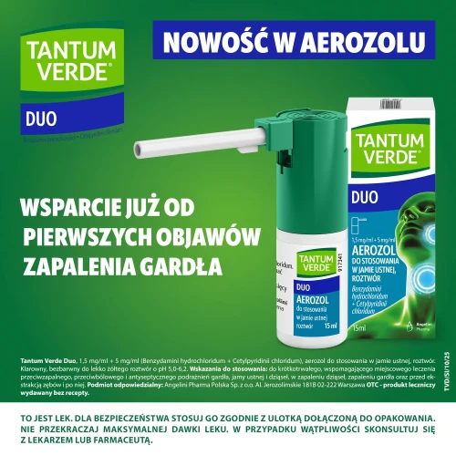 Tantum Verde Duo, 1,5 mg/ml + 5 mg/ml, aerozol do stosowania w jamie ustnej 15 ml - Podwójna siła w walce z bólem i infekcją gardła - 3