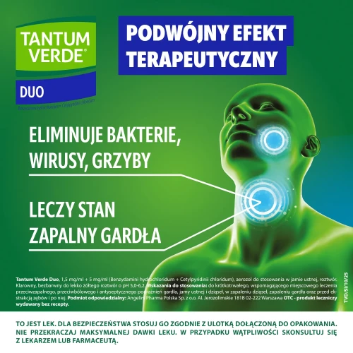 Tantum Verde Duo, 1,5 mg/ml + 5 mg/ml, aerozol do stosowania w jamie ustnej 15 ml - Podwójna siła w walce z bólem i infekcją gardła - 4