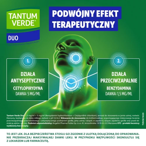 Tantum Verde Duo, 1,5 mg/ml + 5 mg/ml, aerozol do stosowania w jamie ustnej 15 ml - Podwójna siła w walce z bólem i infekcją gardła - 5