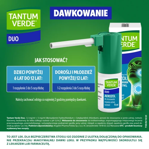Tantum Verde Duo, 1,5 mg/ml + 5 mg/ml, aerozol do stosowania w jamie ustnej 15 ml - Podwójna siła w walce z bólem i infekcją gardła - 6