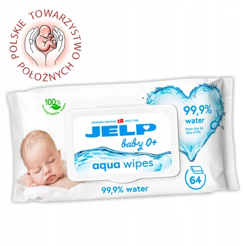 Jelp Baby 0+, chusteczki nawilżane, 99,9% wody, 64 sztuki - Oczyszczają wrażliwą skórę noworodków i niemowląt od 1. dnia życia - 1