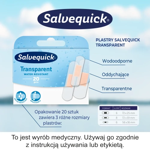 Salvequick Transparent plastry z opatrunkiem, 20 sztuk - Przezroczysty, dyskretny dporny na wodę i brud - 1