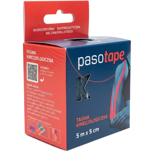 Pasotape Taśma kinezjologiczna czarna 5 m x 5 cm, 1 sztuka - Tejp do stabilizacji stawów, kompresji mięśni oraz korekty niestabilnego podparcia więzadeł i ścięgien - 1