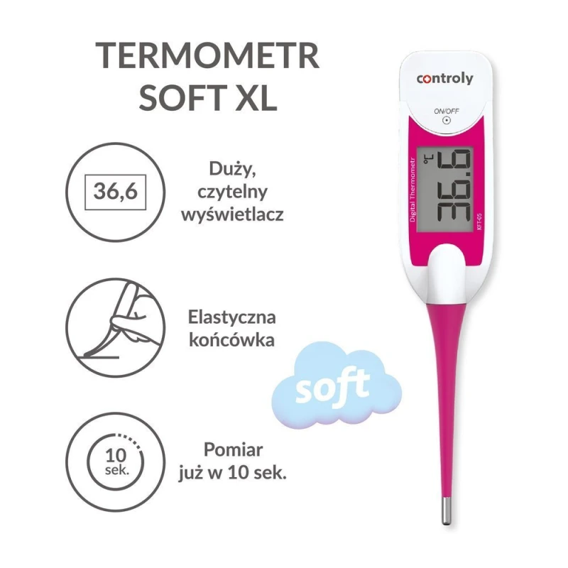 Controly Termometr Elektroniczny Soft XL, 1 sztuka - Z elastyczną końcówką i dużym wyświetlaczem - 1