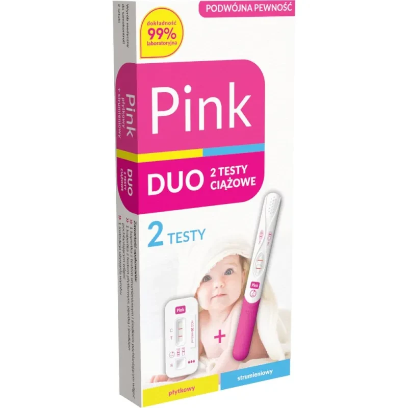 Pink Duo Test Ciążowy, 2  testy  - Zestaw 2 testów: strumieniowy + płytkowy - 2