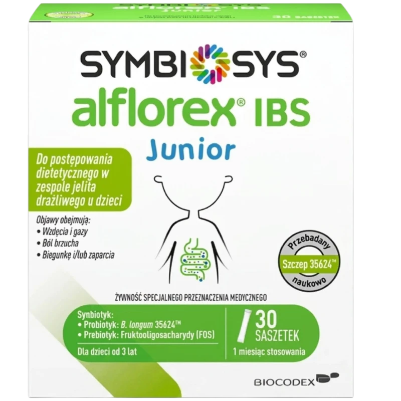 Symbiosys Alflorex IBS Junior, 30 saszetek - Wspomaga łagodzenie wzdęć i bólów brzuch u dzieci z zespołem jelita IBS - 1