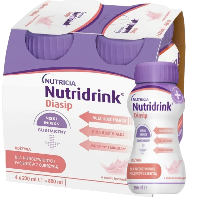 Nutridrink Diasip, smak truskawkowy, 4 x 200 ml - Kompletna dieta bogata w błonnik dla osób z cukrzycą - 1
