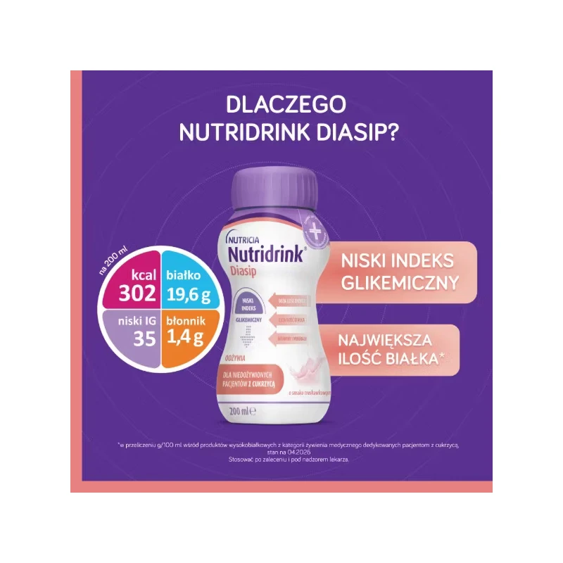 Nutridrink Diasip, smak truskawkowy, 4 x 200 ml - Kompletna dieta bogata w błonnik dla osób z cukrzycą - 4
