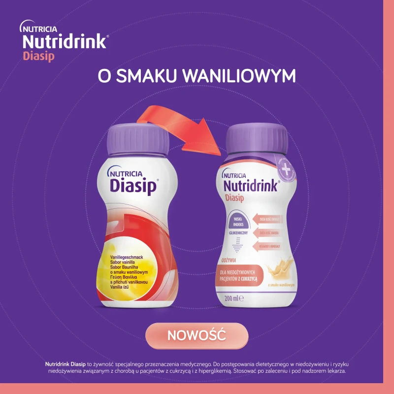 Nutridrink Diasip, smak waniliowy, 4 x 200 ml - Kompletna dieta bogata w błonnik dla pacjentów z cukrzycą i hiperglikemią - 1