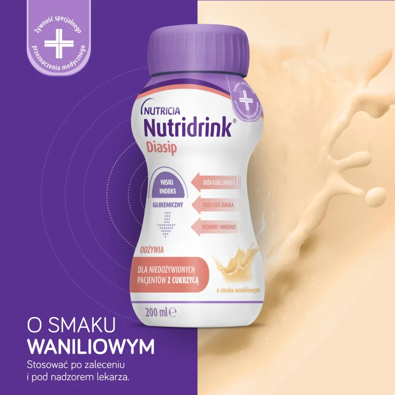 Nutridrink Diasip, smak waniliowy, 4 x 200 ml - Kompletna dieta bogata w błonnik dla pacjentów z cukrzycą i hiperglikemią - 2