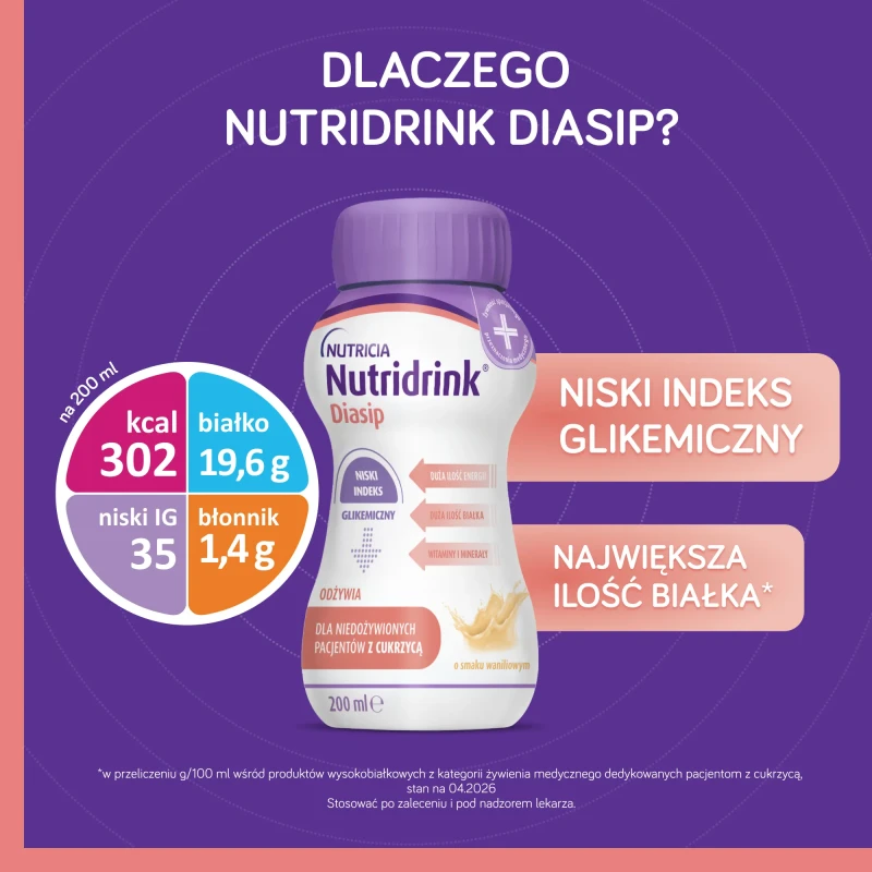 Nutridrink Diasip, smak waniliowy, 4 x 200 ml - Kompletna dieta bogata w błonnik dla pacjentów z cukrzycą i hiperglikemią - 3
