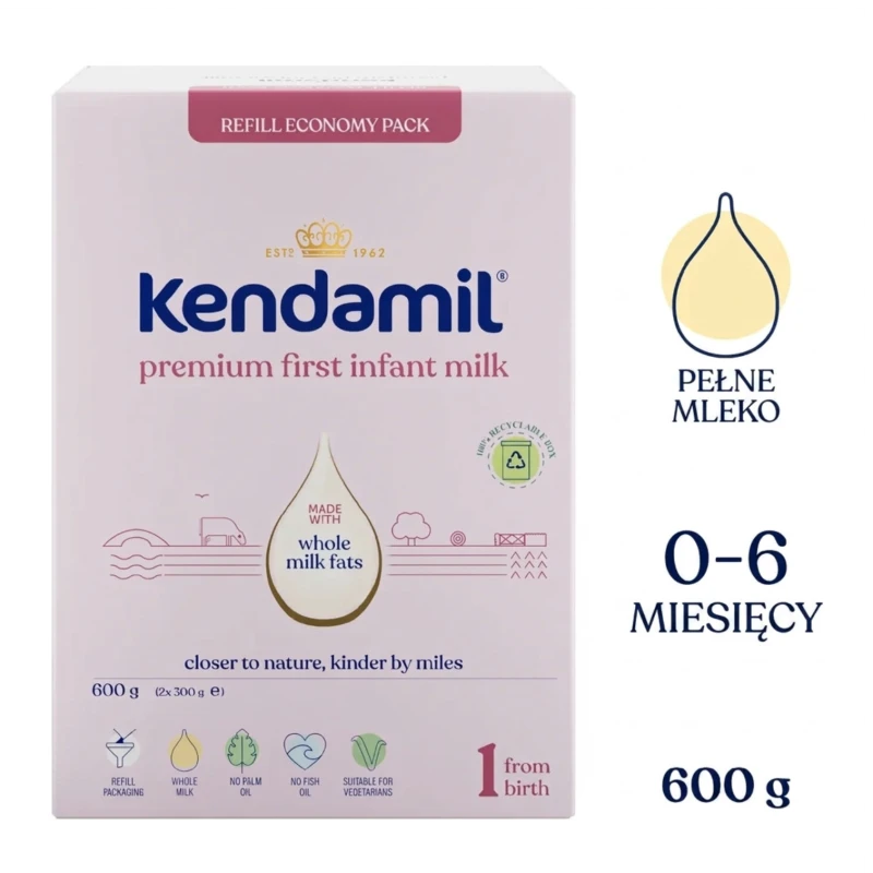 Kendamil Premium 1, Mleko modyfikowane w proszku 0-6 miesięcy, 600 g  - Mleko początkowe dla niemowląt od urodzenia do 6. miesiąca - 1