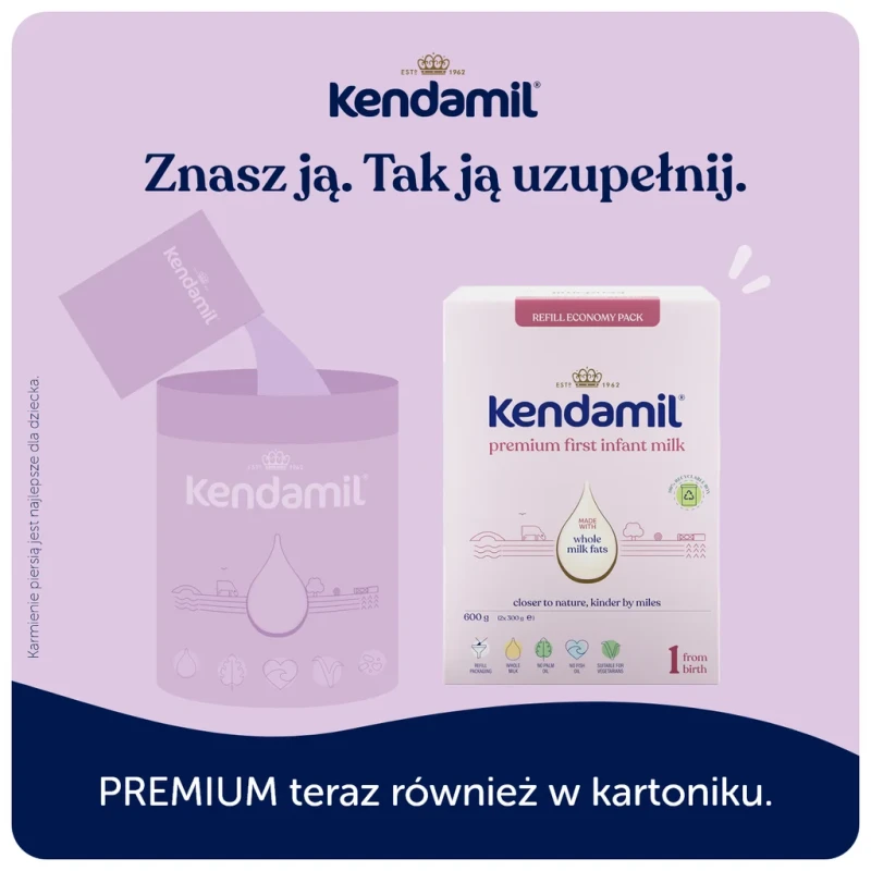 Kendamil Premium 1, Mleko modyfikowane w proszku 0-6 miesięcy, 600 g  - Mleko początkowe dla niemowląt od urodzenia do 6. miesiąca - 2