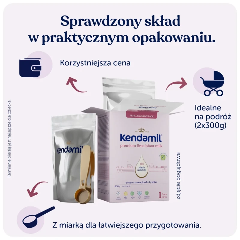 Kendamil Premium 1, Mleko modyfikowane w proszku 0-6 miesięcy, 600 g  - Mleko początkowe dla niemowląt od urodzenia do 6. miesiąca - 3