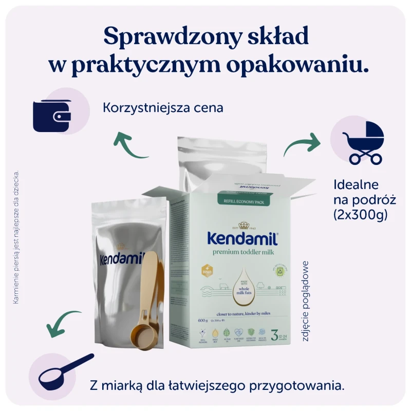 Kendamil Premium 3 HMO+ Mleko następne, 600 g - Dla małych dzieci od 12. miesiąca - 2