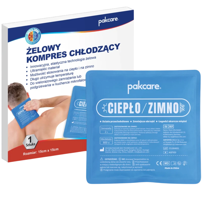 Pakcare żelowy kompres chłodzący, 15x 15 cm,  1 sztuka - Do okładów ciepło-zimno na bóle i obrzęki - 1