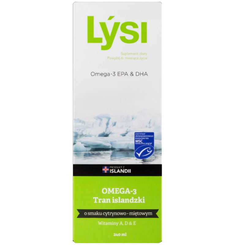 Lýsi Tran islandzki o smaku cytrynowo-miętowym, 240 ml - Olej z wątroby dorsza z witaminami A, D i E oraz kwasami Omega-3  - 1