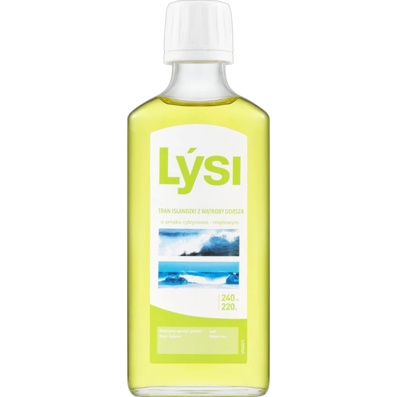 Lýsi Tran islandzki o smaku cytrynowo-miętowym, 240 ml - Olej z wątroby dorsza z witaminami A, D i E oraz kwasami Omega-3  - 2
