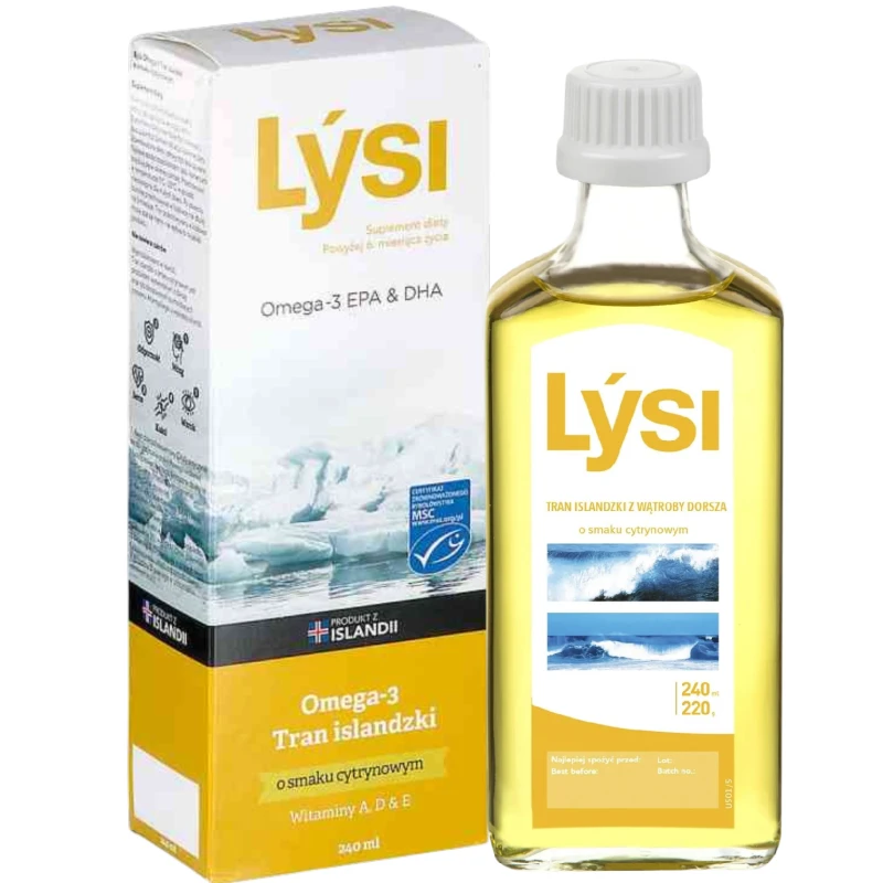 Lýsi Tran islandzki o smaku cytrynowym, 240 ml - Olej z wątroby dorsza z witaminami A, D i E oraz kwasami Omega-3  - 8