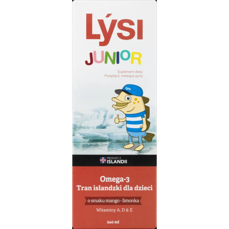 Lýsi Tran Islandzki dla dzieci o smaku mango-limonka, 240 ml - Kompozycja tranu i oleju z tuńczyka z omega-3 oraz witaminami - 1
