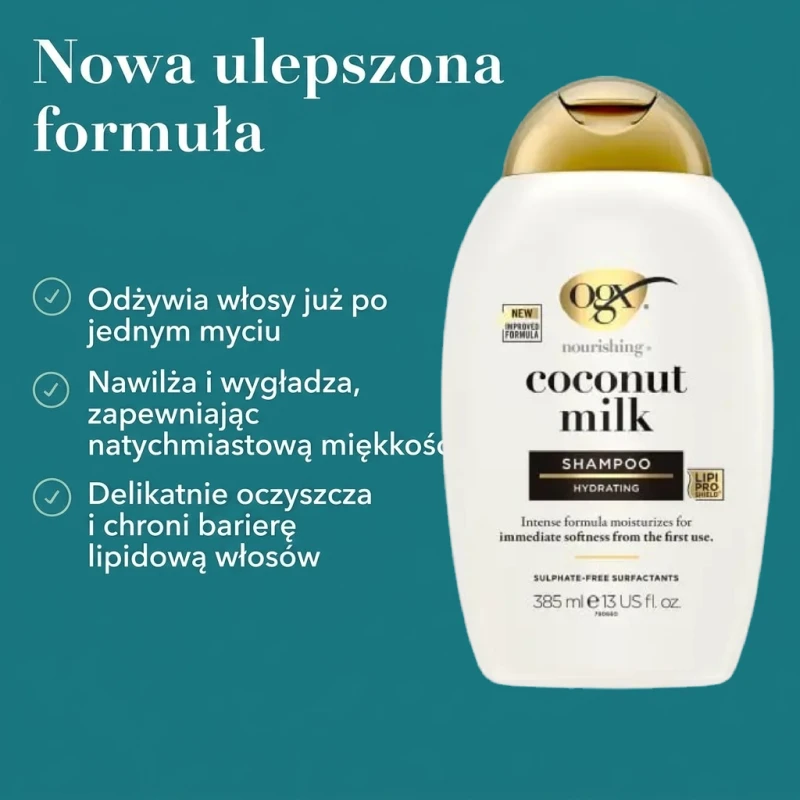 OGX Coconut Milk Odżywczy szampon z mleczkiem kokosowym, 385 ml - Delikatnie oczyszcza i ożywia włosy już po 1 myciu - 1