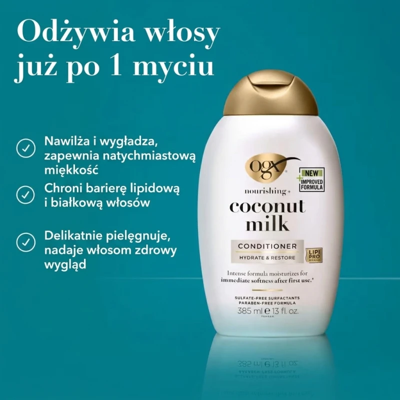 OGX Coconut Milk Rewitalizująca odżywka z mleczkiem kokosowym, 385 ml - Delikatnie pielęgnuje, nadaje włosom zdrowy wygląd - 1