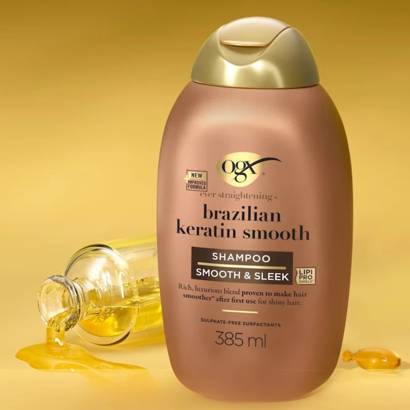OGX Brazilian Keratin, szampon wygładzający z brazylijską keratyną, 385 ml - Nadaje włosom blask i zdrowy wygląd - 1