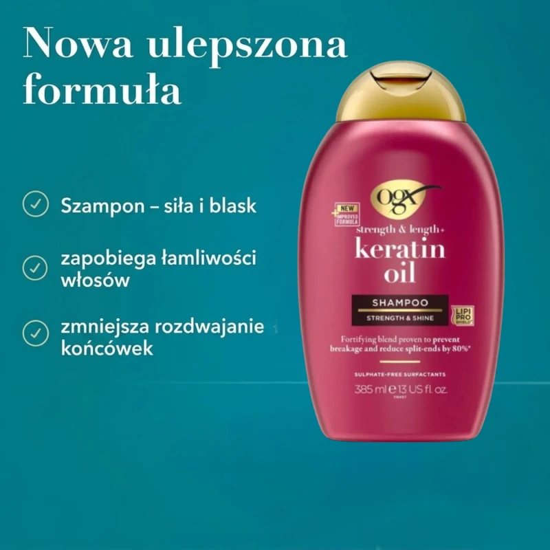 OGX Strength & Length + Keratin oil, szampon z olejkiem keratynowym, 385 ml - Wzmacnia siłę i blask, edukuje rozdwajanie końcówek - 1
