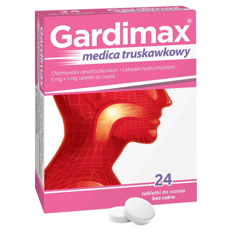 Gardimax Medica truskawkowy 5 mg +1 mg, 24 tabletki do ssania - Pastylki na ból gardła - 1