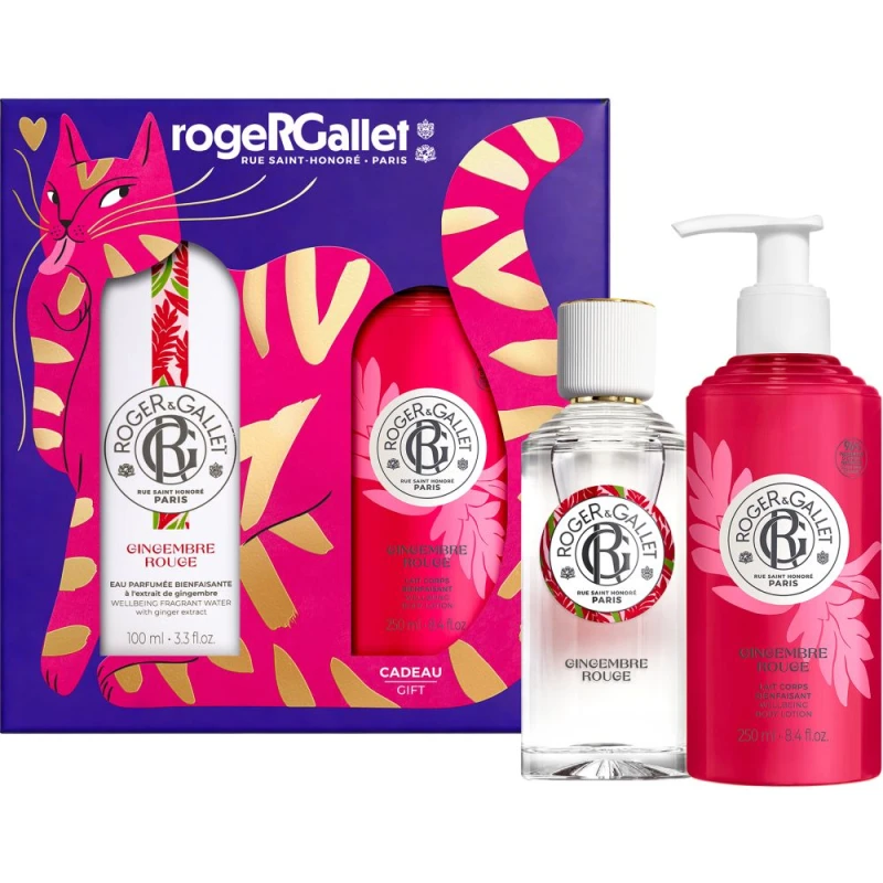 Roger & Gallet Gingembre Rouge Zestaw - woda zapachowa, 100 ml + perfumowane mleczko do ciała, 250 ml - Z nutami imbiru, różowych jagód i granatu - 1