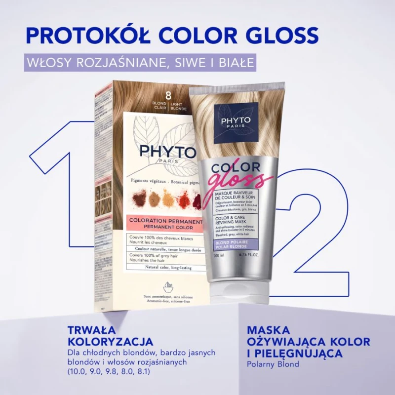 Phyto Color Gloss Maska Koloryzująca Polarny Blond, 200 ml - Włosy blond rozjaśniane oraz włosy siwe i białe - 8