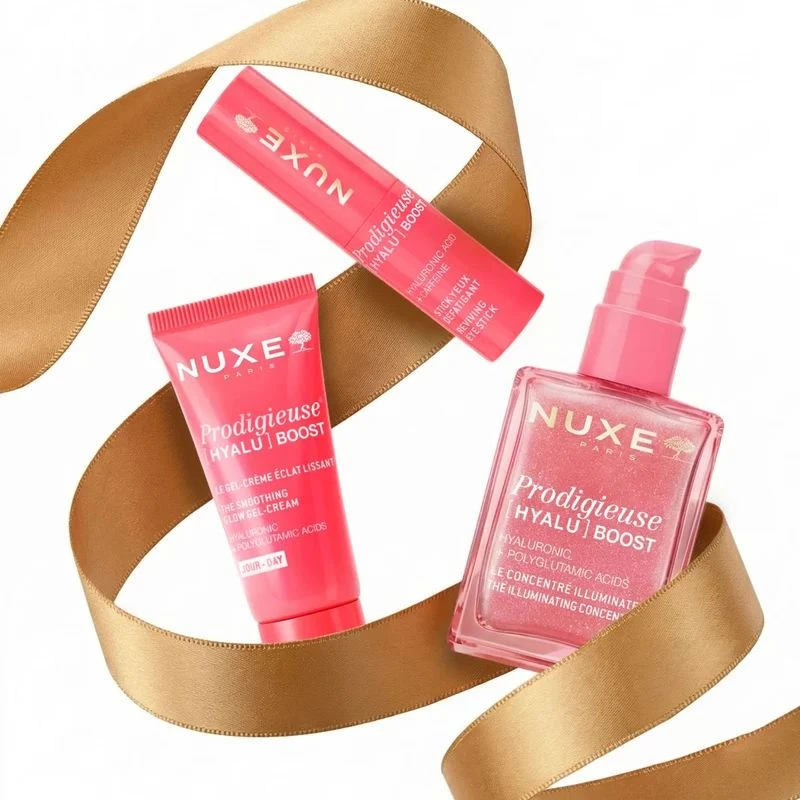 Nuxe Prodigieuse [HYALU] Boost Glow Beauty Routine Zestaw - serum, 30 ml + krem, 15 ml +  sztyft, 8,5 g - Nawilża, rozświetla i nadaje efekt glow - 1