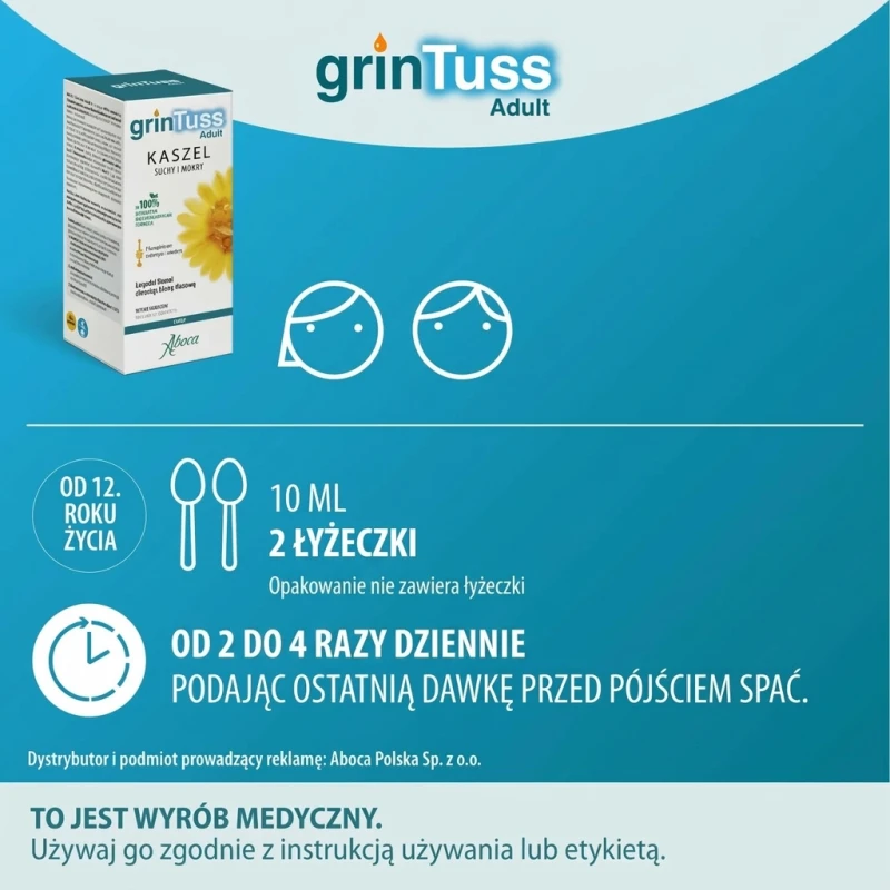 Aboca GrinTuss Adult, kaszel suchy i mokry, syrop dla dorosłych, 180 g - Z kompleksem Poliresin i miodem, naturalnie chroni błonę śluzową - 1