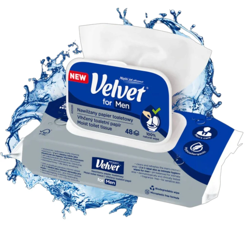 Velvet for Men Nawilżany papier toaletowy, 48 listków - 2w1 – papier i chusteczki do higieny intymnej - 1