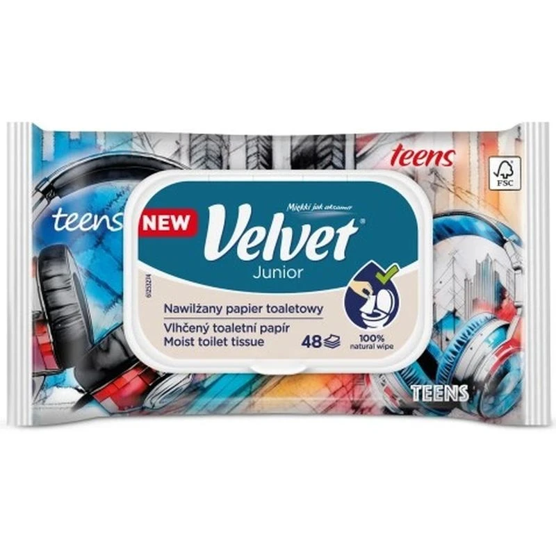 Velvet Junior Nawilżany papier toaletowy, 48 listków - Delikatna formuła z witaminą E i kwasem mlekowym - 1