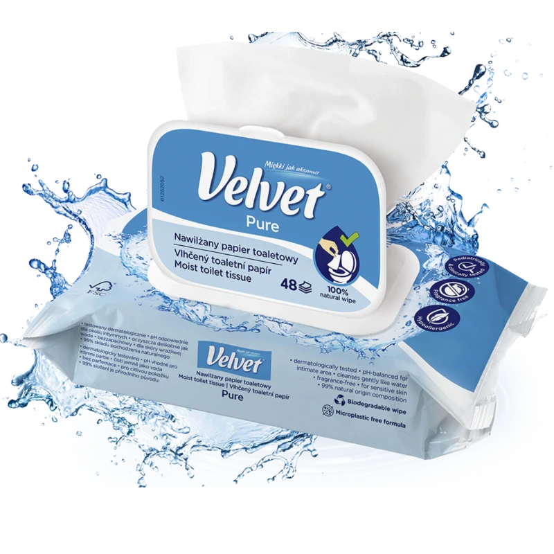 Velvet Pure Nawilżany papier toaletowy, 48 listków - Delikatnie czyści i dba o właściwe pH okolic intymnych - 1