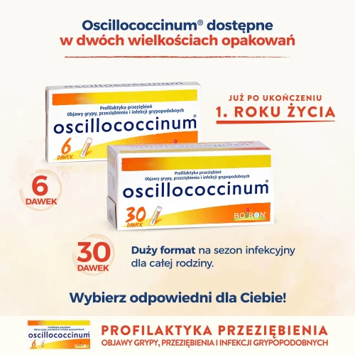 Boiron Oscillococcinum granulki, 6 dawek - Granulki homeopatyczne  na objawy przeziębienia i grypy - 6